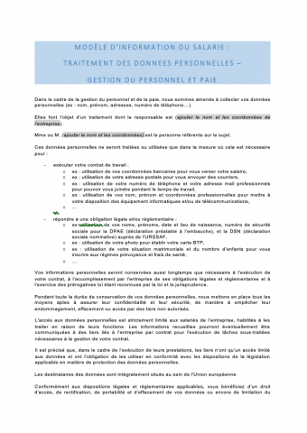 MODÈLE D’INFORMATION DU SALARIE : TRAITEMENT DES DONNEES PERSONNELLES – GESTION DU PERSONNEL ET PAIE